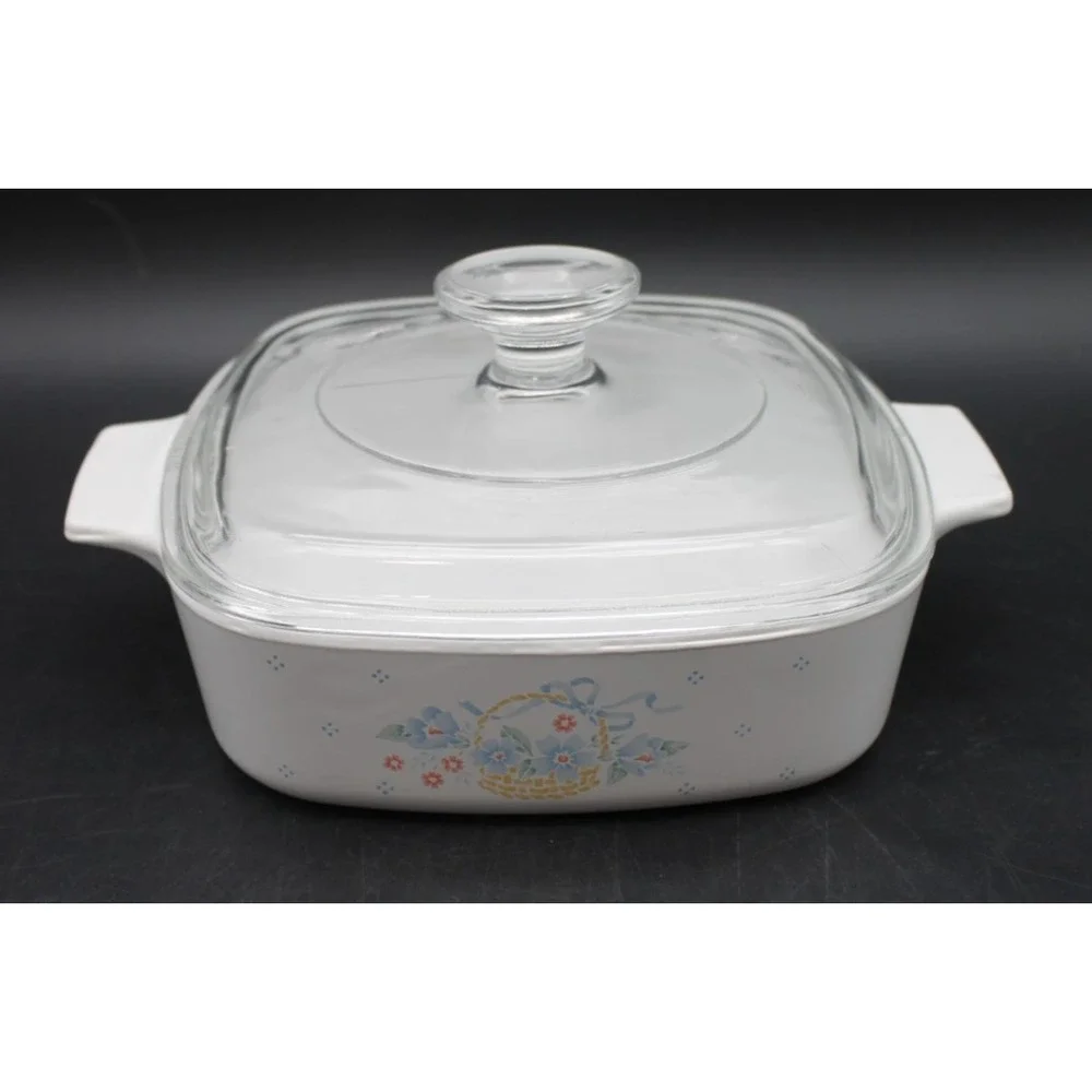Vintage Corning Ware A-1-B 1 Liter Casserole Dish w Pyrex Lid Floral Basket
